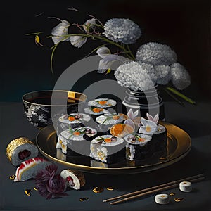 a painting of sushi and flowers on a plate with chopsticks and a bowl of rice on a table with chopst
