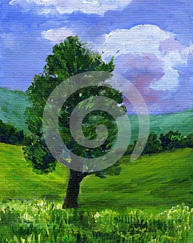 Painting of a Sycamore tree in a Summer landscape