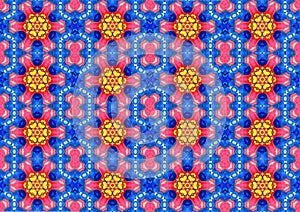 A painting with symmetrically connected patterns depicting red stars.