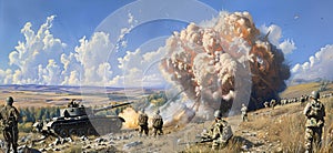 a painting of tanks going over the hills and smoke is billowing from them