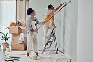 Painting, teamwork or black couple home renovation, diy or house remodel together with paintbrush or roller. Happy smile
