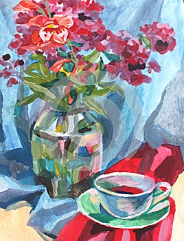 Il dipinto struttura olio il dipinto natura morta tazza da caffè bere un fiori 