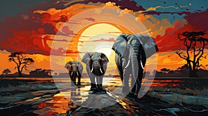 A painting of three elephants walking down a dirt road