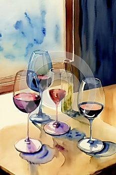 A Painting Of Three Glasses Of Wine On A Table. Generative AI