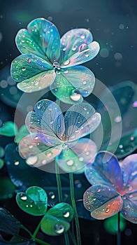 A painting of three green clover flowers with water drops