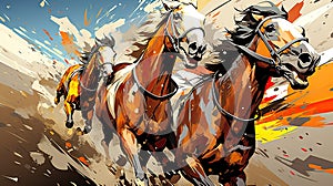 a painting of three horses running on a race track with the colors of the flag of the united states of america and the colors of