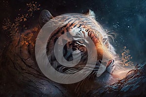 a painting of a tiger laying down in the dark night with its eyes open and a glowing light shining on its face and head