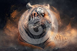 a painting of a tiger laying down in the dark with a star filled sky behind it and a black background with a white and orange