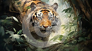 Painting of a tiger walking in the forest colorful Chinese brush strokes Conveying the beauty and elegance of nature strength and