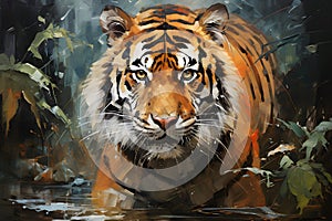 Painting of a tiger walking in the forest colorful Chinese brush strokes Conveying the beauty and elegance of nature strength and