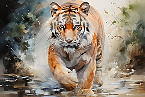 Painting of a tiger walking in the forest colorful Chinese brush strokes Conveying the beauty and elegance of nature strength and