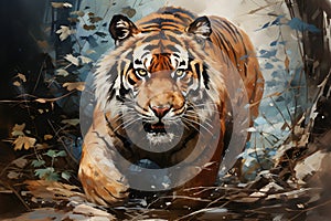 Painting of a tiger walking in the forest colorful Chinese brush strokes Conveying the beauty and elegance of nature strength and