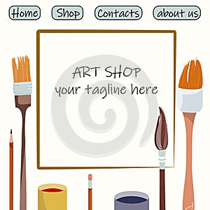 Painting tools elements cartoon colorful vector concept. Drawing creative materials illustration for workshops designs. Brush,