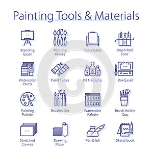 Painting tools and materials pack. Paints, easel