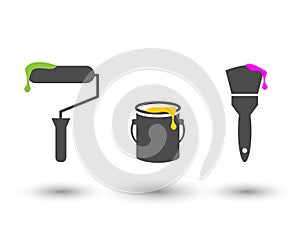 Painting tools set with roller, bucket and brush