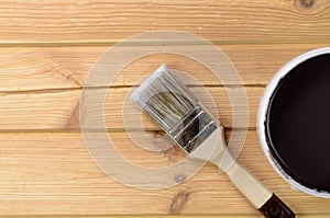 Painting tools on wooden surface