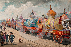 A Painting of a Train With People Gathering Around, Antique Hallow\'s carnival procession with garishly painted wagons, AI