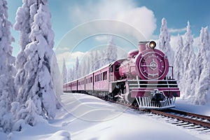 A painting of a train on a train track. The steam locomotive moves through the snowy forest in winter along the railroad tracks.