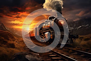 A painting of a train on a train track. The steam locomotive moves at sunset in the red rays of the sun along the railroad tracks