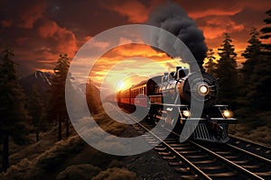 A painting of a train on a train track. The steam locomotive moves at sunset in the red rays of the sun along the railroad tracks