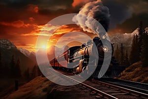 A painting of a train on a train track. The steam locomotive moves at sunset in the red rays of the sun along the railroad tracks
