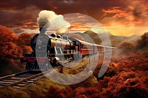 Painting of a Train on a Train Track, Depicting an Iconic Transportation Symbol, A vintage steam train speeding across the