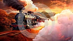 Painting of a Train on a Train Track, Depicting an Iconic Transportation Symbol, A vintage steam train speeding across the