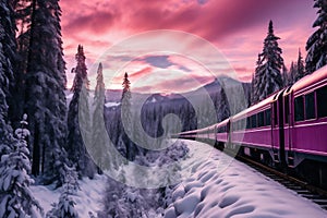 A painting of a train on a train track. Passenger train moves through a snow-covered forest in the mountains in winter along the