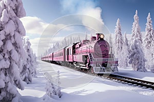 A painting of a train on a train track. The steam locomotive moves through the snowy forest in winter along the railroad tracks.