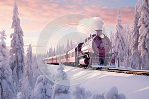 A painting of a train on a train track. The steam locomotive moves through the snowy forest in winter along the railroad tracks.