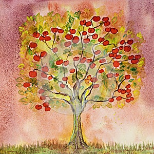 Painting of tree with bright red apples.