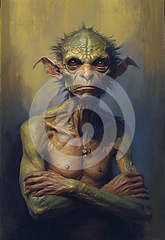 The painting of a troll with arms crossed in a dramatic naturalistic technique by Denis Age. The troll is scowling and visibly