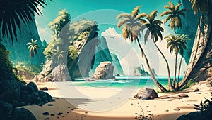 La pintura de Playa palmera árboles rocas. 