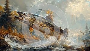 a painting of a trout jumping out of a river
