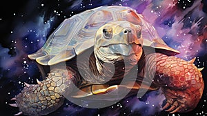 a painting of a turtle in the middle of a space filled with stars and a purple and blue hued background