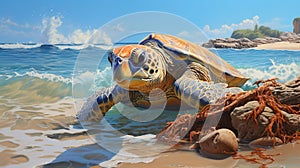 a painting of a turtle in the ocean with a rock in the foreground. generative ai