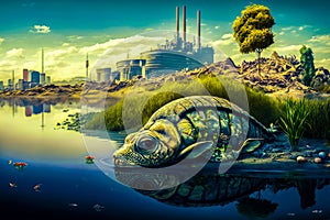 Painting of turtle in the water near an industrial plant. catastrophic environmental pollution, reduced biodiversity