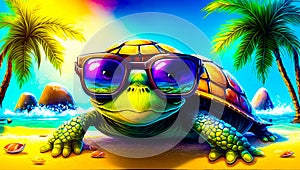 Painting of turtle wearing sunglasses on beach with palm trees in the background. Generative AI