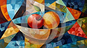 A painting of two apples in a bowl on top of colorful art, AI