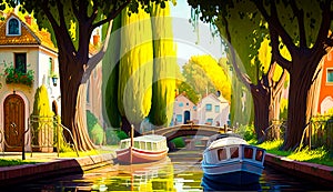 Painting of two boats floating on river next to tree lined street. Generative AI