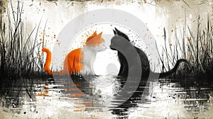 A painting of two cats sitting in a pond with water, AI