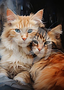 Painting of two cute cats in bed looking at the camera