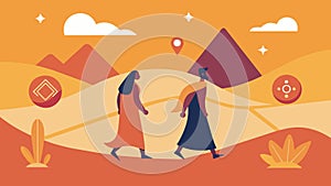 A painting of two figures walking through a desert using symbols in the sand to convey their ideas and arguments. Vector