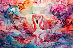 a painting of two flamingos on the beach with a heart shaped cloud in the