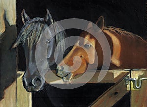 Painting of Two Horses At Gate