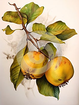 A painting of two quince on a branch an illustration. AI generated