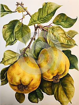 A painting of two quince on a branch an illustration. AI generated
