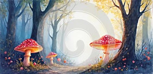 A painting of two red toadstools in a forest
