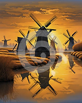 Painting, two very well rendered and visible windmills