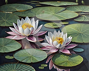 A painting of two water lilies in a pond, lotus flowers on the water.